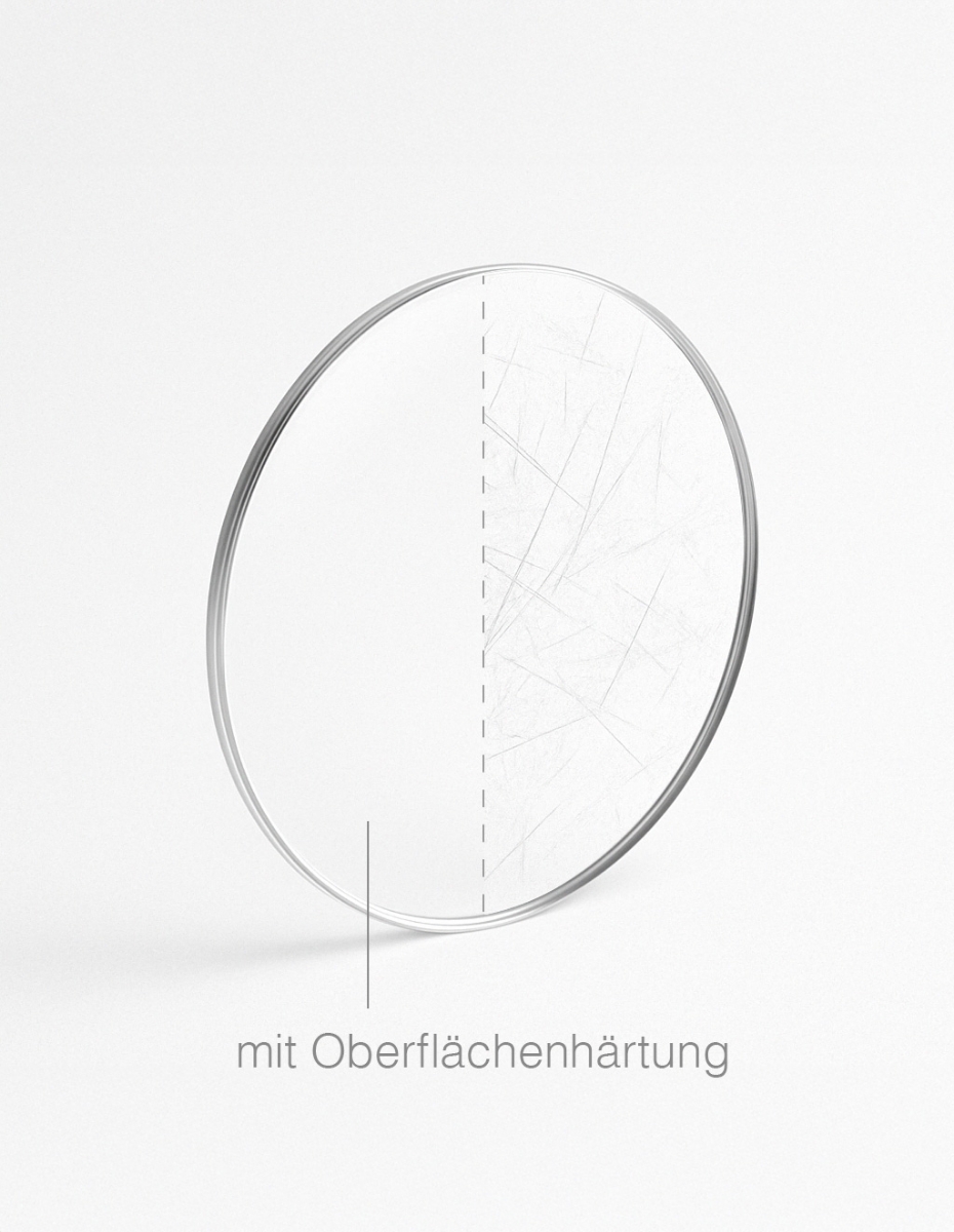 Brillenglas in der Mitte halbiert. Auf der einen Seite sind Kratzer angedeutet und auf der anderen nicht. 